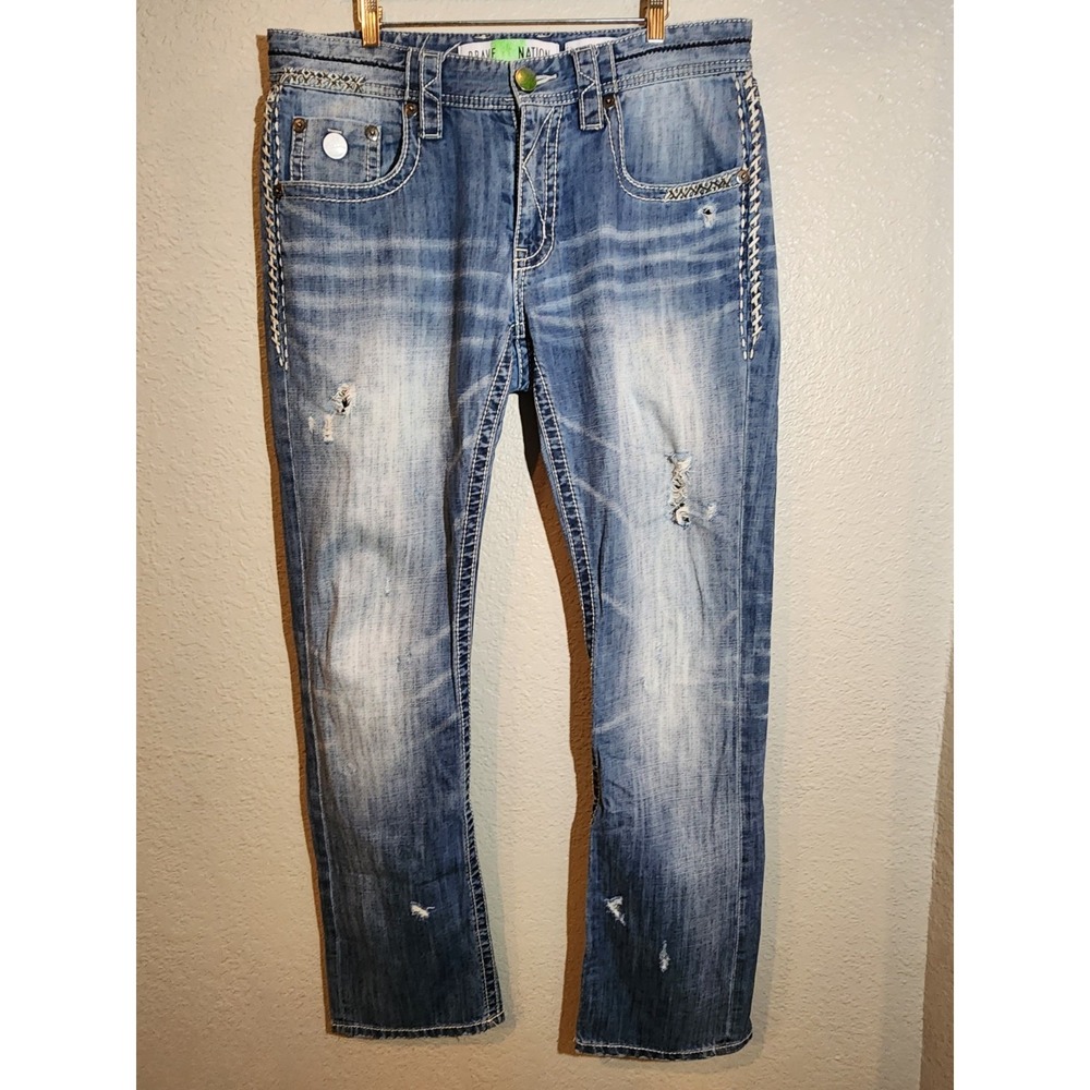 Brave Nation Mens Denim Jeans 34x34 Distressed Straight Leg Medium Wash